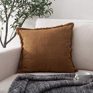 lot 78150 image: ATLINIA Linen Decorative Throw Pillow Cover 20 x 20 Fringed Throw Pillow Cover Pillow Cases Accent Pillows for Bed Brown Pillow Cover