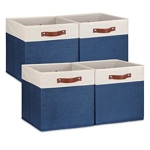 lot 78168 image: Temary Fabric Storage Bins for Cube Organizer 4 Pack Cube Storage Bins 13 Storage Cubes for Shelves Storage Baskets for Organizing Toys, Books, Clothes, Towels (White & Blue, 13x13x13 Inch)
