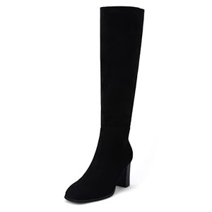 lot 78173 image: Womens Knee High Boots Chunky Block Heels Square Toe Side Zipper Faux Suede Fall Winter Comfort Boot Black 9.5