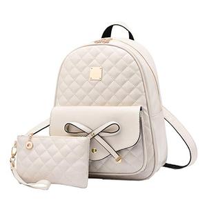 lot 78177 image: I IHAYNER Girls Bowknot 2-PCS Fashion Backpack Cute Mini Leather Backpack Purse for Women Travel Bag Ladies Shoulder Bags Beige