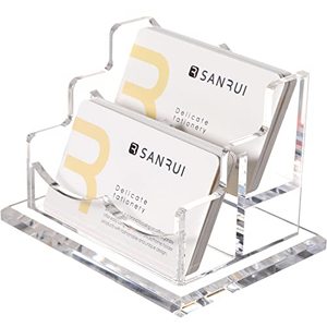 lot 78180 image: SANRUI Clear Horizontal Business Card Holder Stand for Desk, Acrylic Desktop Display Name Cards Holders Organizer Storage Rack,for Exhibition, Home , Office ,2 Tier 2 Pocket , 120 Card Capacity