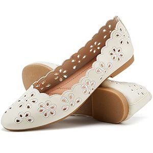 lot 78192 image: Womens Ballet Flats Black PU Leather Dress Shoes Comfortable Round Toe Slip on Flats with Floral Eyelets(Beige.US8.5)
