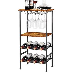 lot 78193 image: CADUKE Wine Rack Freestanding Floor Wine Rack Table Bar with Glass Holder Wine Rack with Storage Shelves Wine Display Rack Hold 8 Bottle and 9 Glasses Metal Wood, Industrial Brown