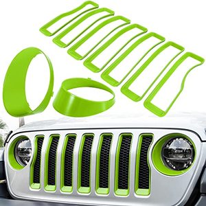 lot 78201 image: Front Grille Mesh Inserts & Headlight Cover for Jeep Wrangler JL JLU Unlimited SportSports 2018-2023 Exterior Accessories Clip-in Grille Guard Cover Headlight Bezels Trim Ring (Green 9PCS)