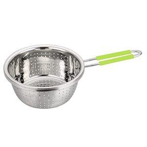 lot 78231 image: Stainless Steel Perforated Colander Strainer with Long Green Handle Sieve Sifters Use for Kitchen Food Pasta Noodles Spaghetti Vegetables Silver - 7.9inch