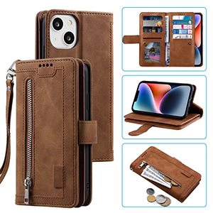 lot 78244 image: UEEBAI Wallet Case for iPhone 14 6.1 inch, Retro 9 Card Holder Slots Zipper Pocket Handbag Case Magnetic Closure Kickstand with Wrist Strap TPU Shockproof Flip Case - Brown