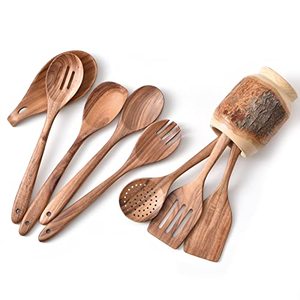 lot 78248 image: Gudamaye 13 inch Long Wooden Spoons for Cooking,Wooden Utensils for Cooking with Utensils Holder,9 PCES Wooden Kitchen Utensils Set with Utensils Holder and Spoon Rest,Natural Teak Wooden Spoons Set