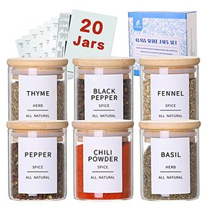 lot 78255 image: Glass Spice Jars with Bamboo Lids - 20 Pcs Thicken(2.4mm) 4oz Airtight Seasoning Containers with 131 Waterproof Minimalist Spice labels Preprinted - Small herb Jars for Pantry Organization and Storage