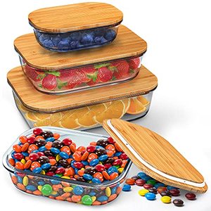 lot 78257 image: Glass Food Storage Containers with Lids (Bamboo) - 4 Piece Value Set - The Most Ecofriendly Glass Containers for Food Storage with Lids - Airtight, Glass Meal Prep Containers or Glass Food Containers