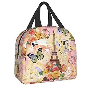 lot 78270 image: Duduho Paris Eiffel Tower Butterfly And Flowers Lunch Bag Compact Tote Bag Reusable Lunch Box Container For Women Men School Office Work