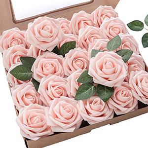 lot 78282 image: floroom Artificial Flowers 25pcs Real Looking Blush Foam Fake Roses with Stems for DIY Wedding Bouquets Bridal Shower Centerpieces Party Decorations