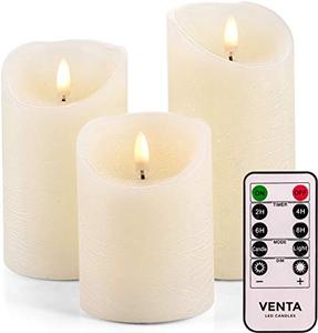 lot 78306 image: VENTA Set of 3 Realistic Flameless Ivory LED Candles with Remote Control - 4 5 6 Electric Wickless Pillar Battery Operated Candles with Flickering Flame Timer