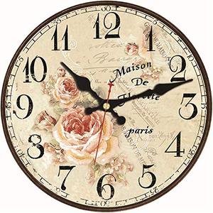 lot 78325 image: WISKALON Home Decorative Wall Clock 14 Inch Silent Non-Ticking Wall Clocks Quartz Battery Operated Clock Vintage Wooden Style Wall Clocks for KitchenBedroomBathroomCoffee Bar(Romantic Flowers)