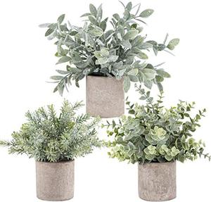 lot 78329 image: Der Rose 3 Pack Mini Potted Fake Plants Artificial Plastic Eucalyptus Plants for Home Office Desk Farmhouse Room Decor