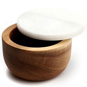 lot 78341 image: jalz jalz Large Wood Salt Box with Spoon Spice Seasonings Keeper Solid Natural Acacia Base White Marble Lid Elegant Design Decorative Boxes Big Capacity