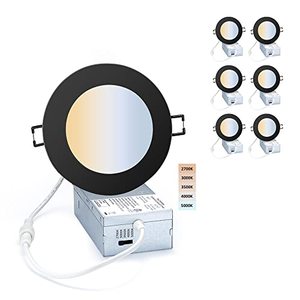 lot 78343 image: POPANU LED-Canless Downlight Recessed Lighting 4-inch 5 CCT Adjustable Dimmable Recessed Lights Fixture with Junction Box, Ceilling Light with Junction Box, 2700-5000K, 9W, Black Finish, 6 Pack