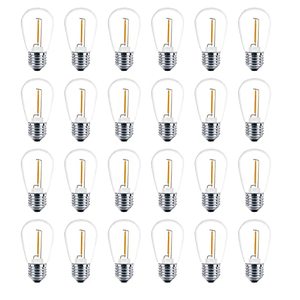 lot 78344 image: Meconard 24 Pack LED S14 Replacement Light Bulbs, Shatterproof Outdoor String Light Bulbs, 1 Watt to Replace 11Watts Incandescent Bulb, E26 Regular Medium Screw Base, 2200K Warm White, Non-Dimmable