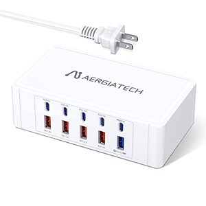 lot 78345 image: USB C Charging Station, Aergiatech 100W USB C Charger Charging Hub 10 PowerPort for Multiple Devices with PD3.0 and QC3.0 Fast Charging Power Stock Station for iPhone 13, iPad AirPro, Galaxy -White