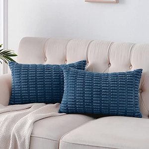 lot 78348 image: Fancy Homi 2 Packs Dusty Blue Lumbar Decorative Throw Pillow Covers 12x20 Inch for Living Room Couch Bedroom, Soft Corduroy Rectangle Solid Cushion Case 30x50 cm, Rustic Farmhouse Boho Home Decor