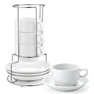 lot 78350 image: Yedio Porcelain 4 oz Espresso Coffee Cups with Saucers and Metal Stand, Porcelain White Stackable Cappuccino Cups Set of 4