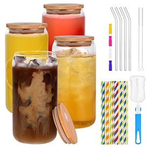lot 78352 image: Naeety Glass Cups with Bamboo Lids and Glass Straw, Drinking Glasses Set of 4-16 Oz Beer Can Shaped Glass Cups, Iced Coffee Glasses, Tumbler Cup for Smoothie, Cocktail, Whiskey - 3 Cleaning Brushes