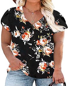 lot 78359 image: Womens Floral Print Plus Size Tops V Neck T Shirts Casual Loose Petal Sleeve Tee Shirts