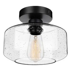 lot 78360 image: Industrial Semi-Flush Mount Ceiling Light, Seeded Glass Pendant Lamp Shade, Black Farmhouse Lighting for Hallway Porch Corridor Kitchen Bedroom, Modern Indoor Hanging Light Fixtures, Bulb Not Included
