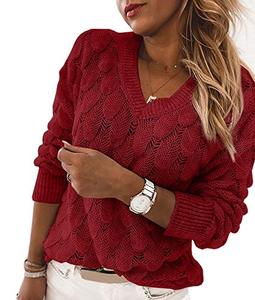lot 78364 image: Womens V Neck Long Sleeve Pullover Sweater Lightweight Knit Sweaters Novelty Sweaters Wine