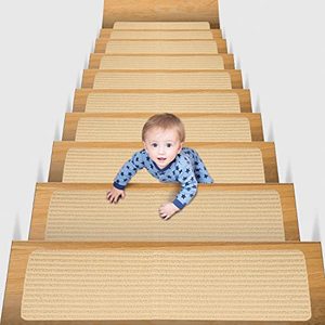 lot 78370 image: MBIGM 8 X 30 (15 in Pack) Non-Slip Carpet Stair Treads Non-Skid Safety Rug Slip Resistant Indoor Runner for Kids Elders and Pets with Reusable Adhesive, Beige,