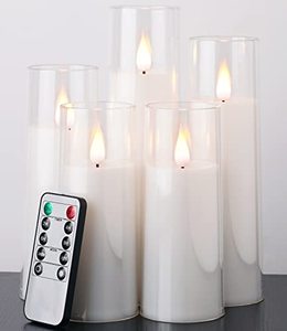 lot 78376 image: Amagic Pure White Flameless Candles, Battery Operated Candles, Flickering LED Pillar Candles with Remote Control and Timer, 3D Wick, Yellow and Blue Glow, Set of 5