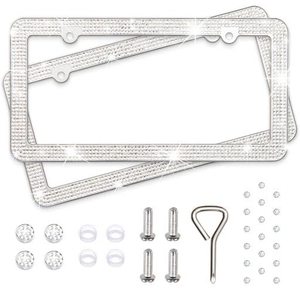 lot 78378 image: Handcrafted Rhinestone Bling License Plate Frames for Women, Men  2 Pack Bedazzled Cover with Glittery Screw Caps  Stainless Steel Clear Crystal Sparkle License Plate FrameCover (Crystal)