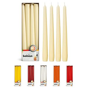 lot 78382 image: BOLSIUS Ivory Taper Candles - 4 Pack Unscented 10 Inch Dinner Candle Set - 8 Hours Burn Time - Premium European Quality - Smokeless and Dripless Household, Wedding, Party, and Home Decor Candlesticks
