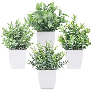 lot 78396 image: Der Rose 4 Packs Fake Plants Mini Artificial Greenery Potted Plants for Home Decor Indoor Office Table Room Farmhouse