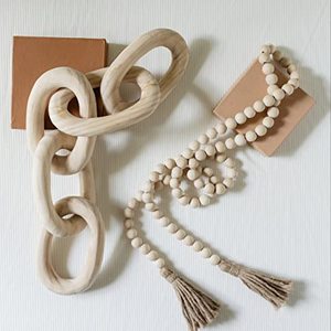 lot 78398 image: Decorative Wood Chain Link and Bead Garland Set  Hand Carved Pine Wood Chain Decor  Modern Farmhouse Decor Set  Aesthetic Room Decor  Boho Decorations for Living Room Bedroom Entryway  Natural