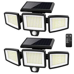 lot 78404 image: Tuffenough Solar Outdoor Lights 2500LM 210 LED Security Lights with Remote Control,3 Heads Motion Sensor Lights, IP65 Waterproof,270° Wide Angle Flood Wall Lights with 3 Modes(2 Packs)