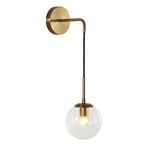 lot 78409 image: KCO Mid Century Modern Wall Light Fixture Minimalist Glass Globe Wall Mounted Sconce with Adjustable Cord Gold Brass Round Wall Reading Lamp (Clear Lampshade)