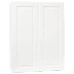 lot 1956 image: Hampton Bay Hampton Satin White Raised Panel Stock Assembled Wall Kitchen Cabinet (27 in. x 36 in. x 12 in.) Retail $190.00
