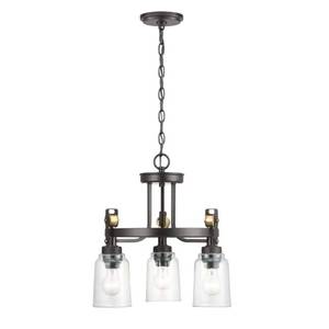 lot 1959 image: Home Decorators Collection Knollwood 17-12 in. 3-Light Blackened Bronze Industrial Round Chandelier with Brass Accents & Clear Glass Shades