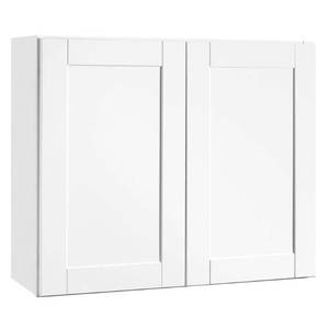 lot 2033 image: Hampton Bay Shaker Satin White Stock Assembled Wall Kitchen Cabinet (36 in. x 30 in. x 12 in.)