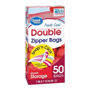 lot 2968 image: Great Value Fresh Seal Quart Storage Double Zipper Bags, 50 count