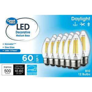 lot 3399 image: Great Value LED Light Bulb 5.5 Watts (60w Equivalent) Deco lamp E26 Medium Base Dimmable Daylight 12-Pack