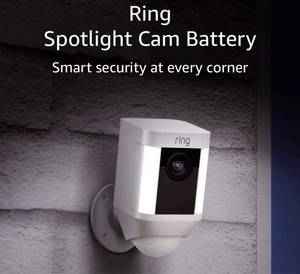 lot 2427 image: Ring Spotlight Cam Battery HD Security Camera with Built Two-Way Talk and a Siren Alarm, Works with Alexa - White with bonus Ring Security Sign Retails $245