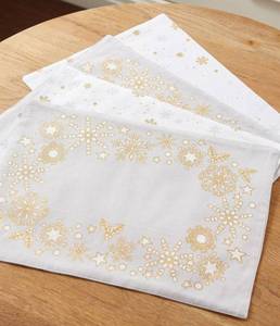 lot 2501 image: SET of FOUR Pair, Martha Stewart  White & Gold Snowflake Holiday Napkins & Place Mat Set, NEW, see photos