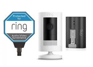 lot 2618 image: Ring Stick-Up OutdoorIndoor Cam w Battery, Solar Yard Sign & Ring Assist Retails $182