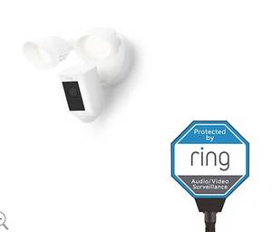 lot 2629 image: Ring Floodlight Cam Wired Plus with Solar Yard Sign & Ring Assist-BLACK Retails $199