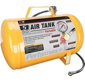lot 2696 image: Performance Tool W10005 Hi-viz 5-Gallon Horizontal Portable Air Tank With Tire Air Chuck , Yellow