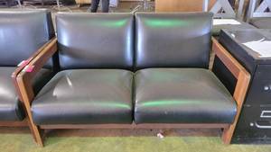 lot 4312 image: 52in Black Faux Leather Lounge Couch W Wooden Armrests