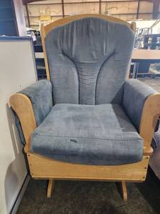 lot 4232 image: Blonde Rocker Glider with Blue Cushion and Side Storage