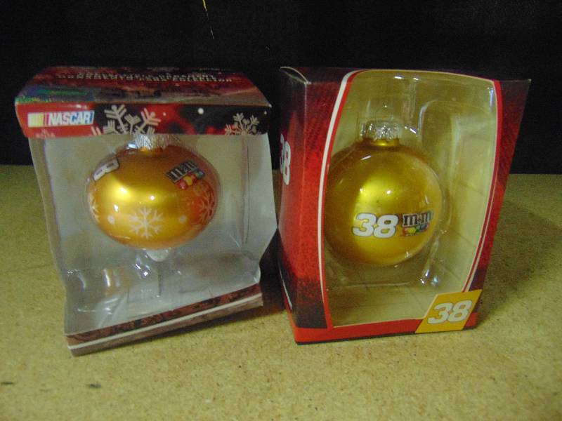 lot 4054 image: (2) ct. lot M&Ms Racing Nascar Glass Ornaments