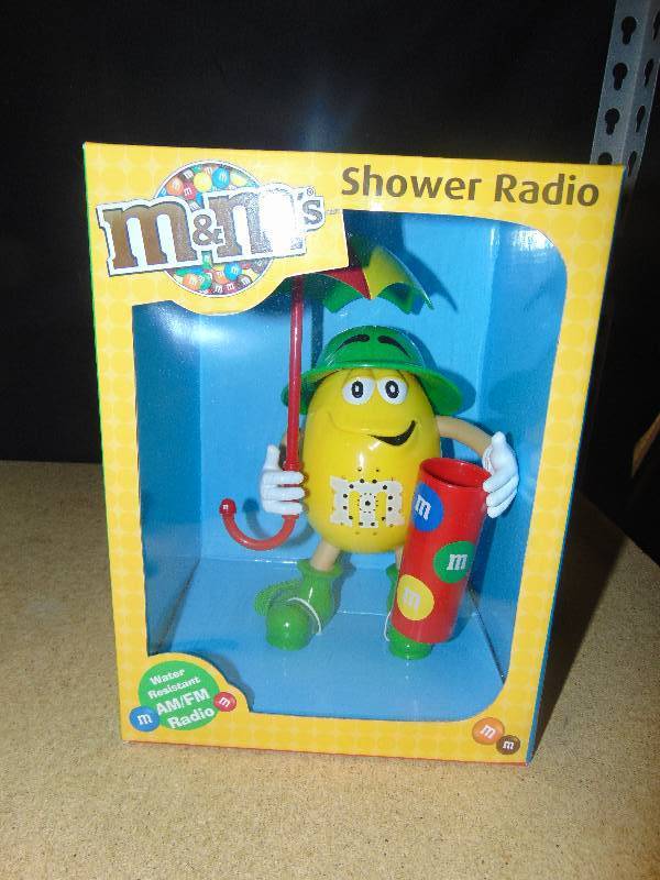 lot 4080 image: M&Ms Shower Radio, Yellow, 10 tall, in original box
